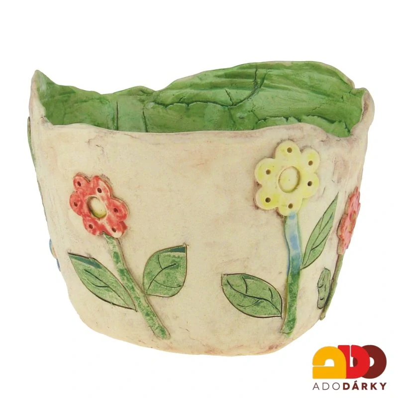 Keramický obal na květináč s kytičkami