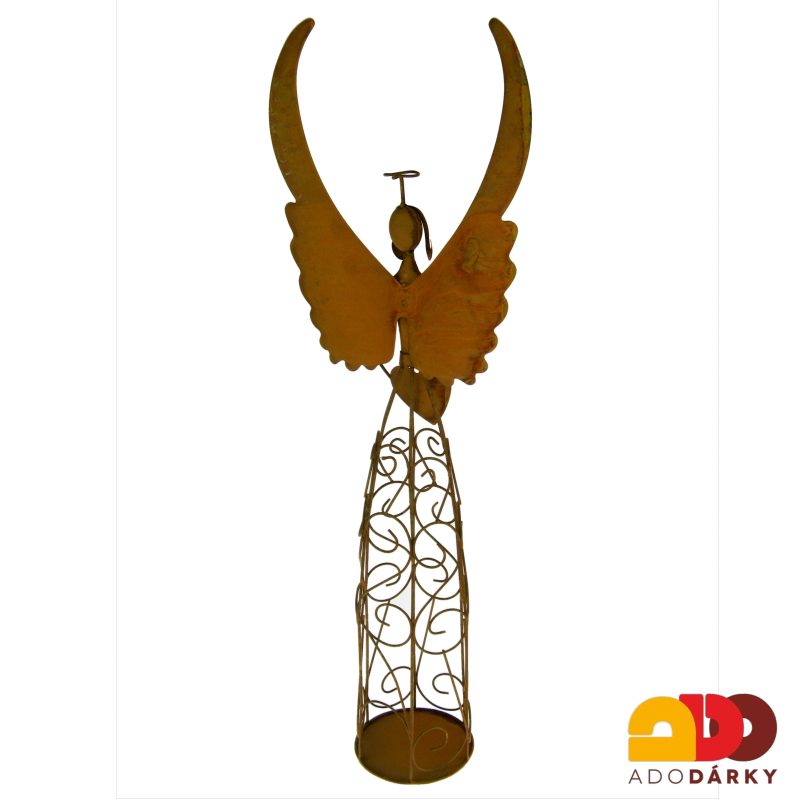 Plechový anděl rezavý na svíčku 60 cm