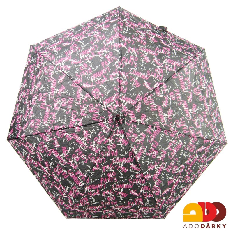 MINI skládací dámský deštník růžovo-černý s nápisy