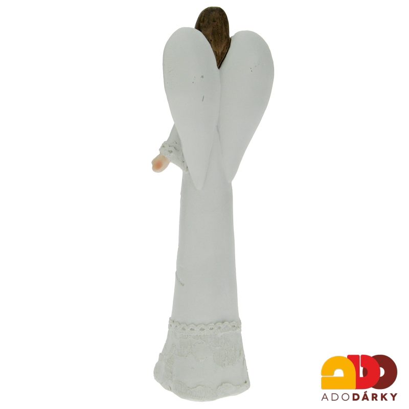 Anděl v šatech s lístky se srdcem v ruce 25 cm