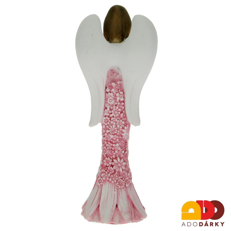 Anděl s bílým srdcem v růžových květinových šatech 10,5 cm