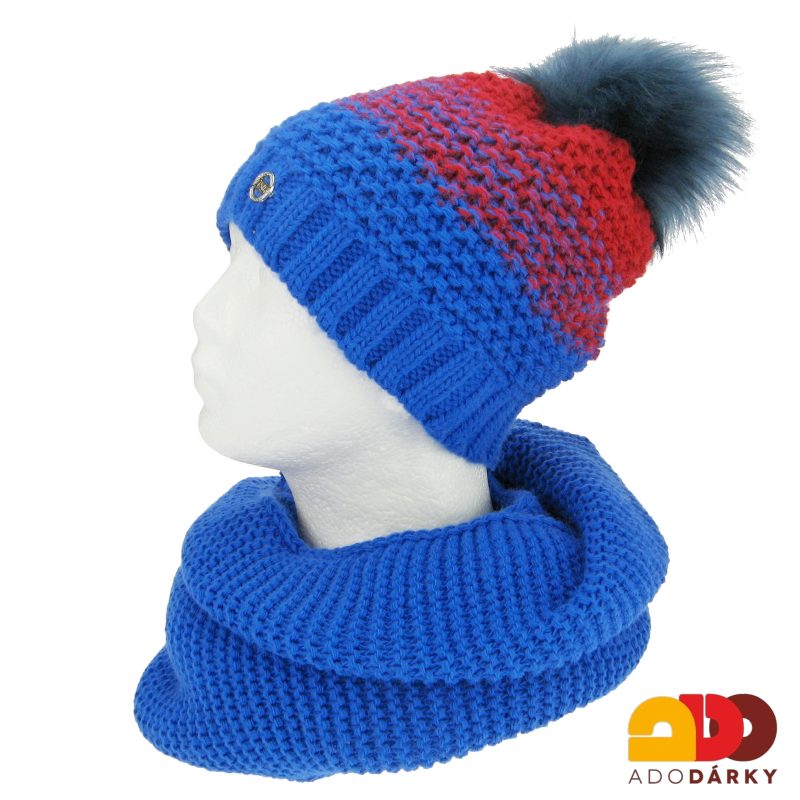 Souprava pleteného tunelu a čepice s bambulí modročervená