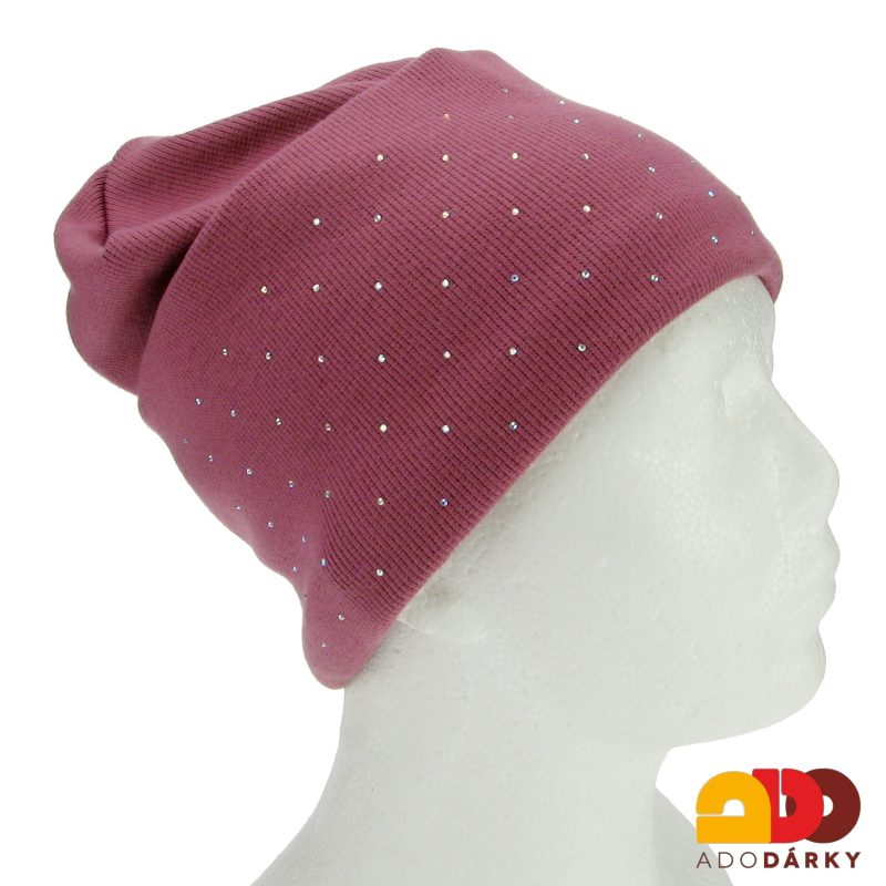Dámská zimní čepice starorůžová s perličkama