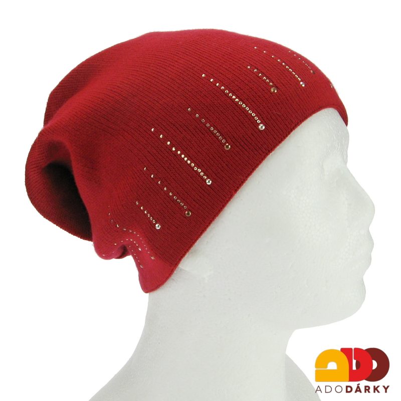 Dámská zimní čepice červená s perličkama