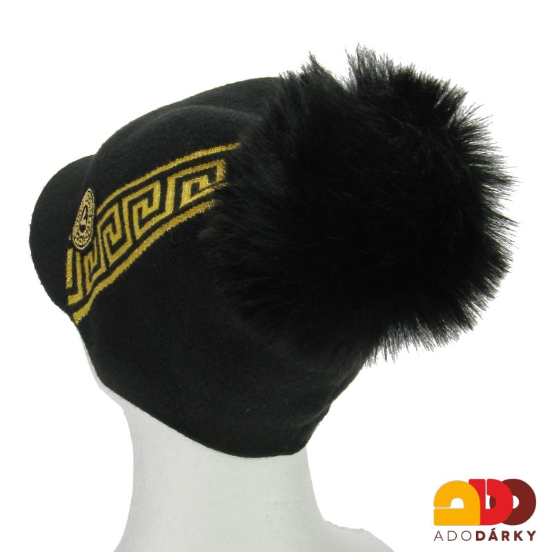 Pletená čepice s kšiltem a bambulí černozlatá
