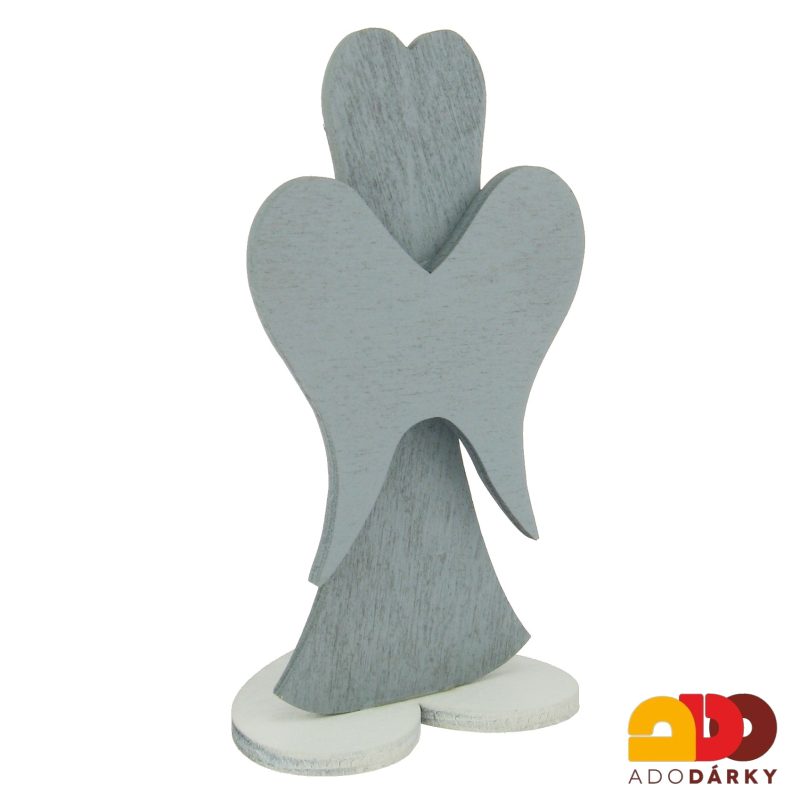 Anděl ze dřeva se srdíčkem šedý 15,5 cm