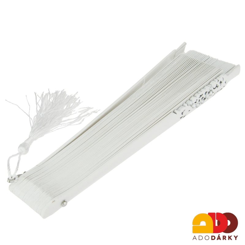 Vějíř dřevěný s kamínky bílý 42 cm