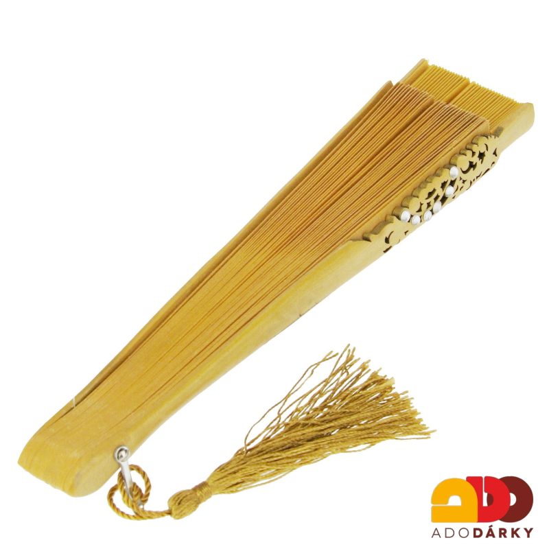 Vějíř dřevěný s kamínky okrový 42 cm
