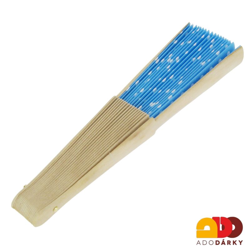 Vějíř dřevěný s puntíky modro bílý 42 cm