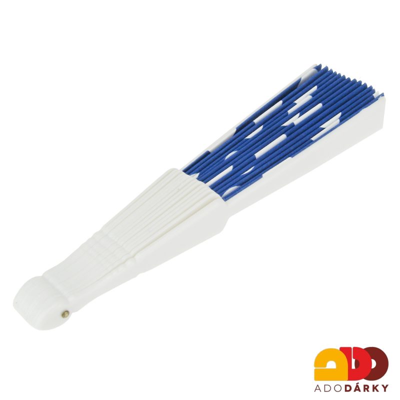 Vějíř plastový s puntíky modro bílý 42 cm