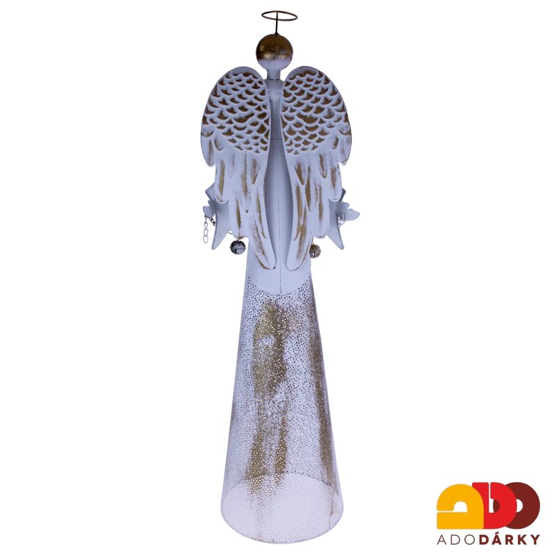Plechový anděl s rolničkami bílozlatý bez podstavy 102 cm