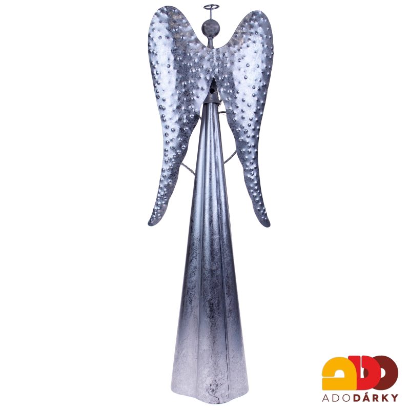 Plechový anděl stříbrný se svítícím LED srdcem 43 cm