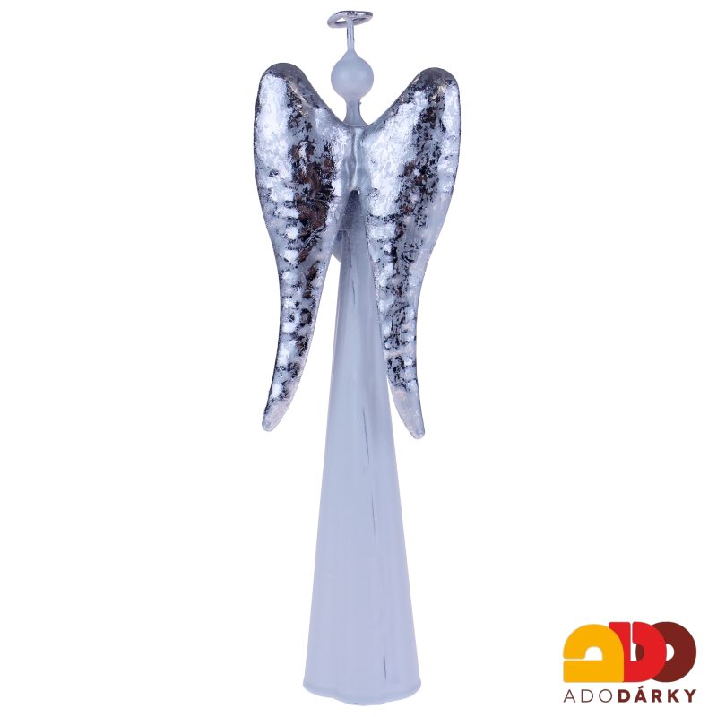 Bílý plechový anděl se srdcem 18 cm