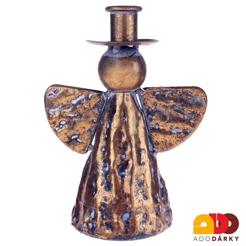 Plechový anděl svícen měděný 19 cm