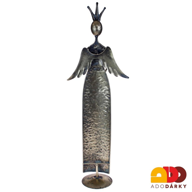 Plechový anděl s korunkou a srdcem 59 cm