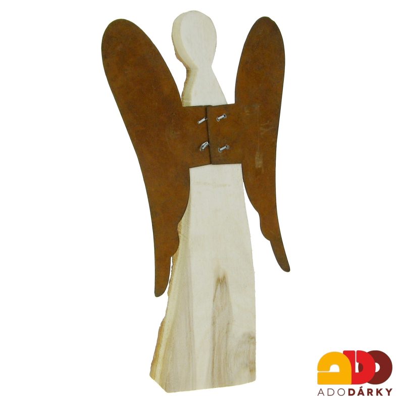 Anděl dřevěný s kůrou, rezavá křídla 21 cm