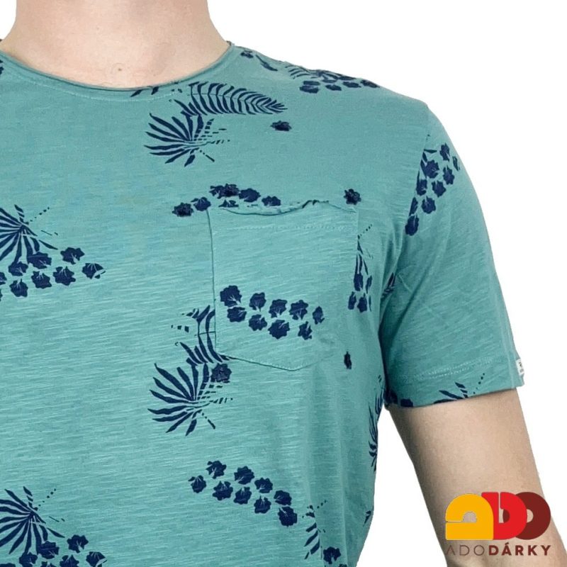 Pánské triko zelené s listy a kapsičkou