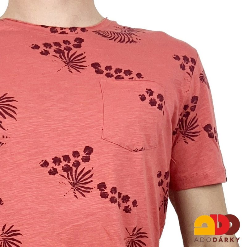 Pánské triko červené s listy a kapsičkou