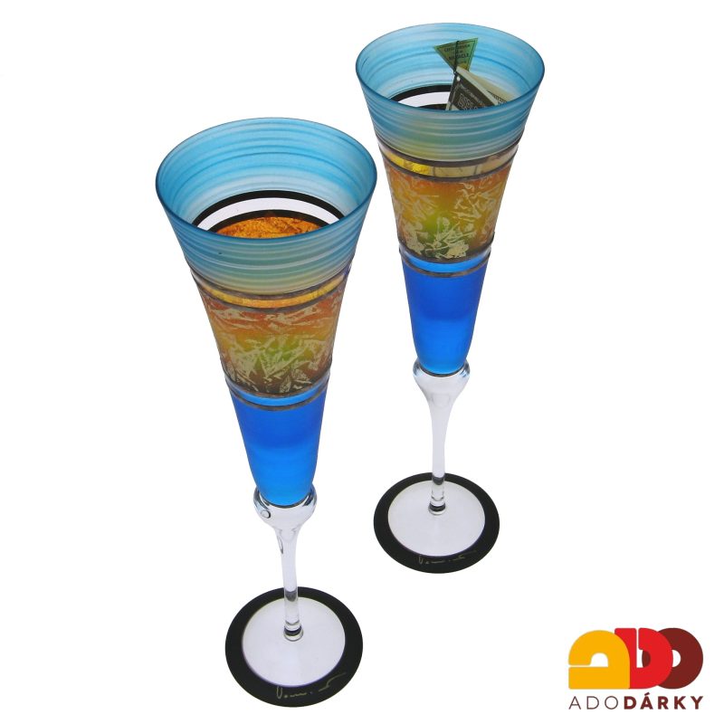 Sada dvou ručně zdobených fléten modro oranžovo zelené barvy 180 ml
