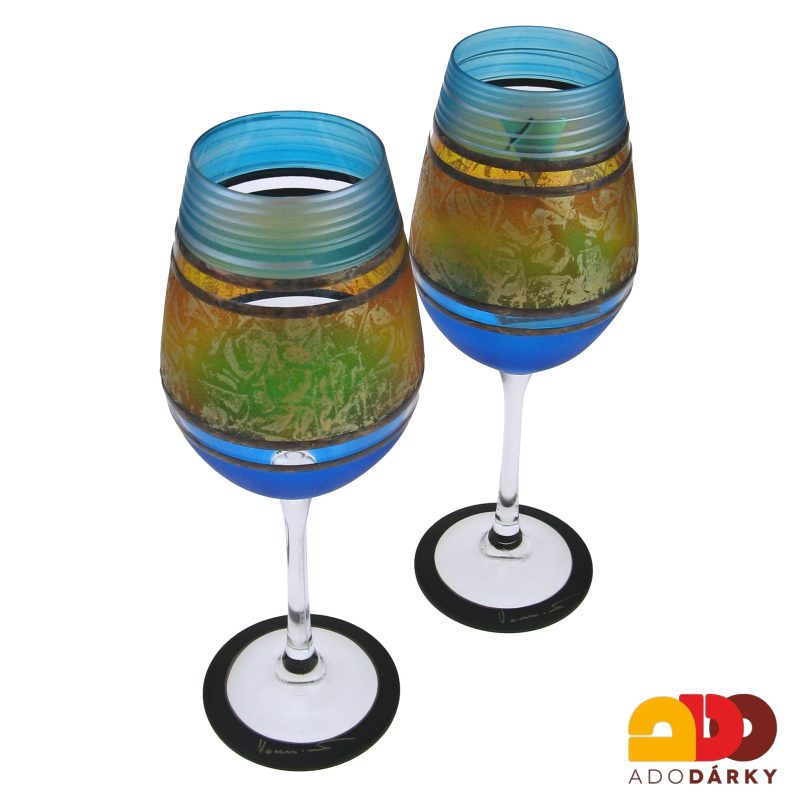 Sada dvou ručně zdobených číší modro oranžovo zelené barvy 250 ml