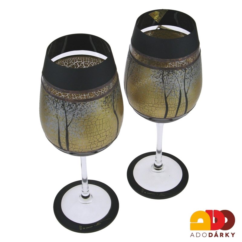 Sada dvou ručně zdobených číší černo hnědo zlaté stromy 350 ml
