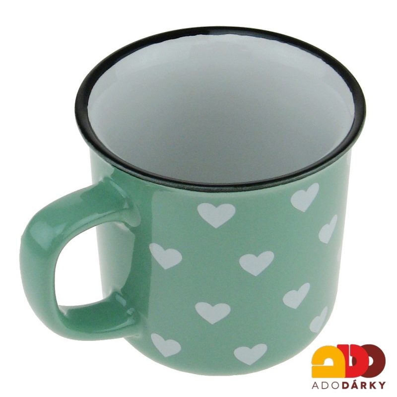 Hrnek "plecháček" světle zelený s bílými srdíčky 400 ml