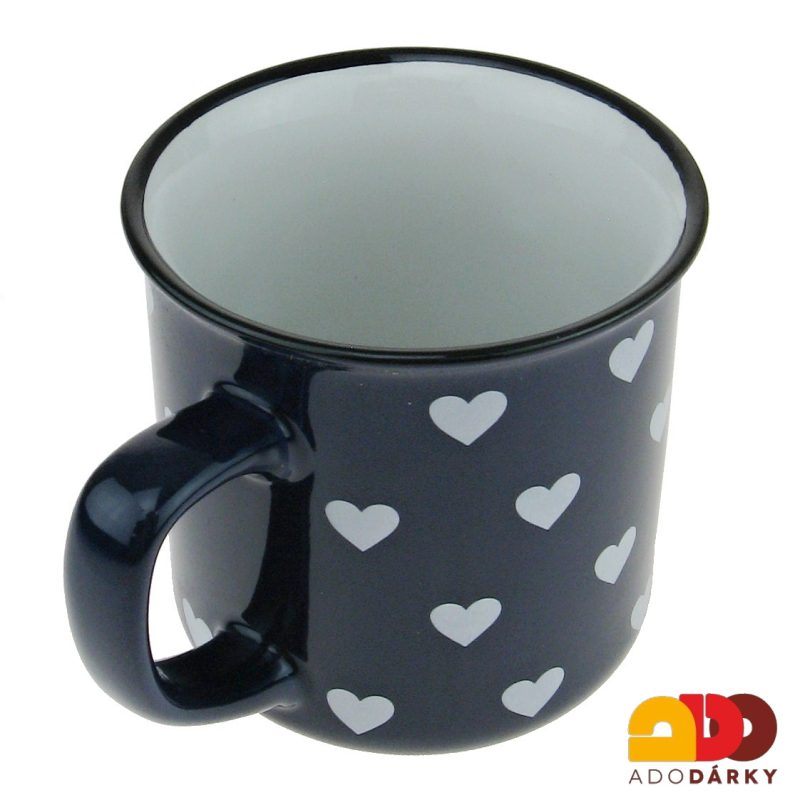 Hrnek "plecháček" tmavě modrý s bílými srdíčky 400 ml