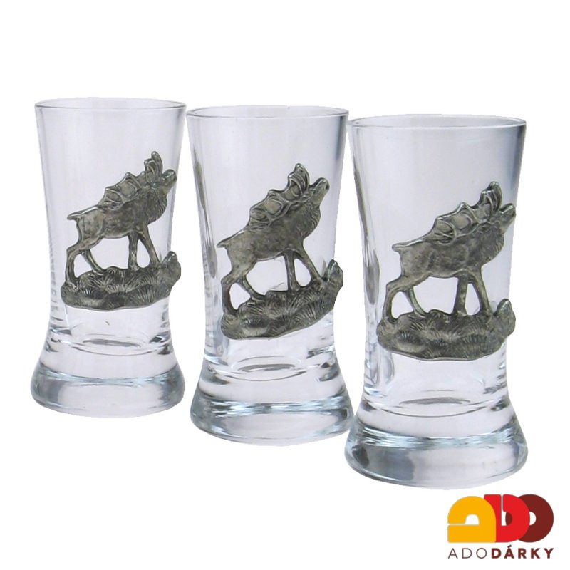 Sada lahve a šesti odlivek s cínovými dekoracemi jelena