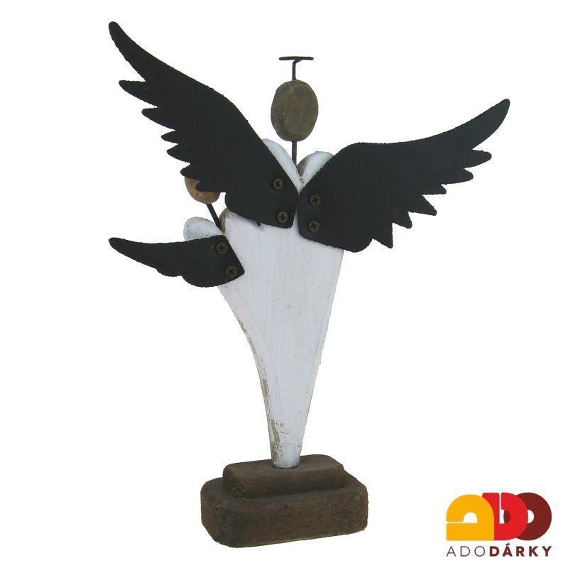 Dva dřevění andělé s kovovými křídly a svatozáří 21,5 cm