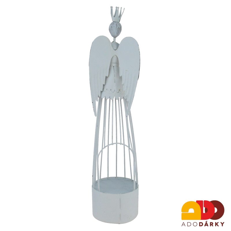 Bílý plechový anděl se srdcem a korunou 40,5 cm