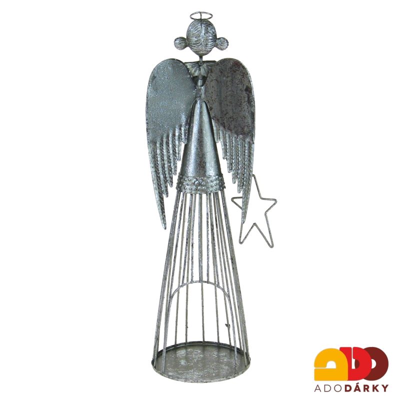 Stříbrný plechový anděl s hvězdičkou v ruce 32 cm