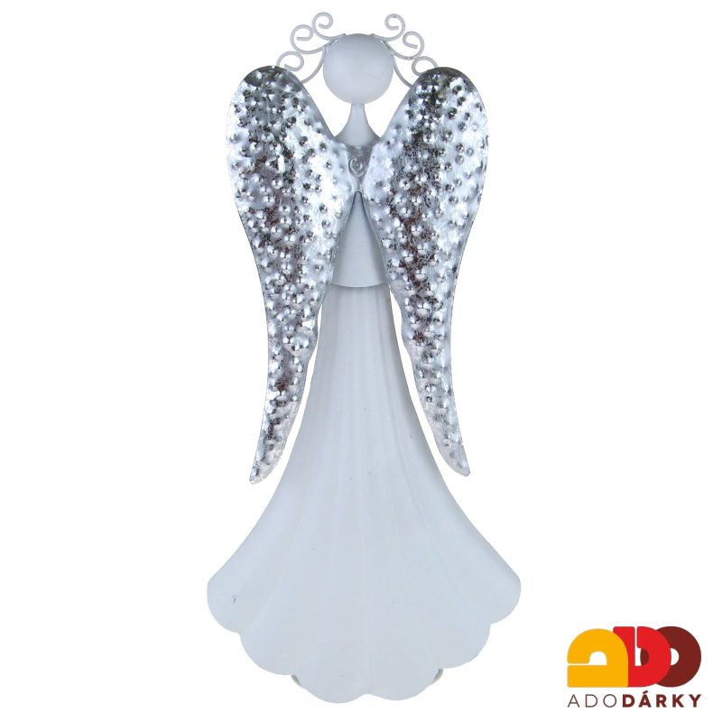 Bílý plechový anděl modlící se 35 cm