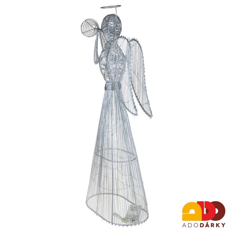 Stříbrný drátěný anděl s LED osvětlením 53 cm