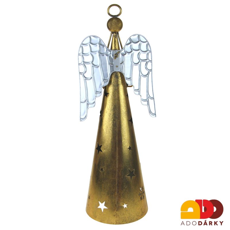 Plechový svícen anděl zlatý se stříbrnými křídly 56 cm