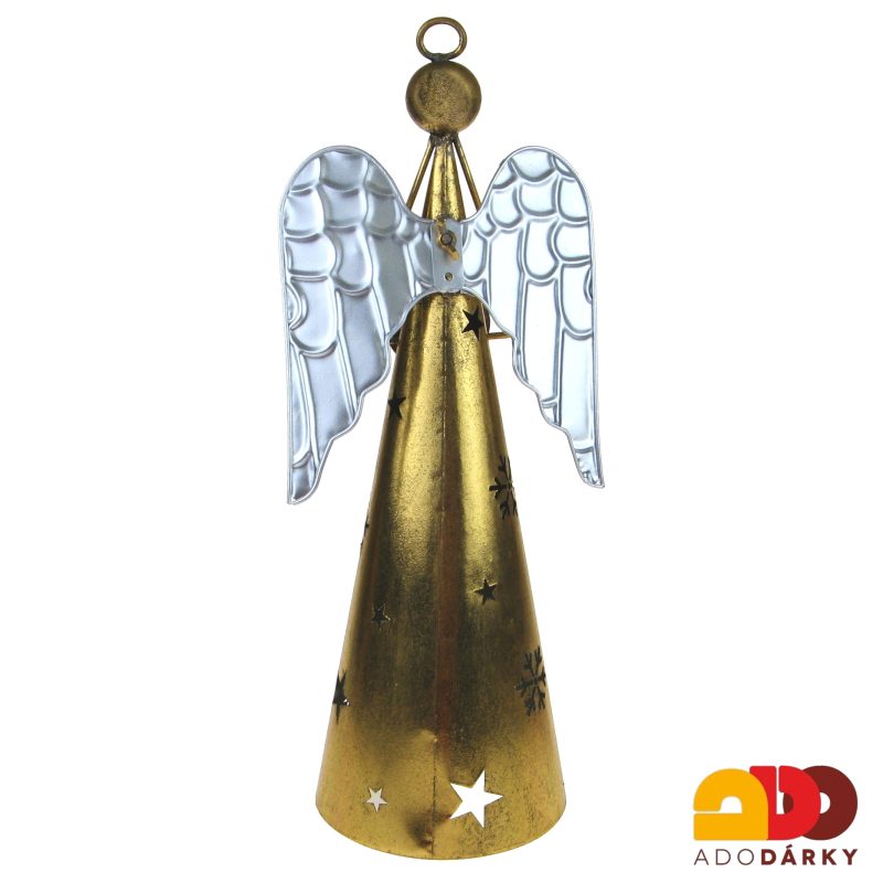 Plechový svícen anděl zlatý se stříbrnými křídly 45 cm