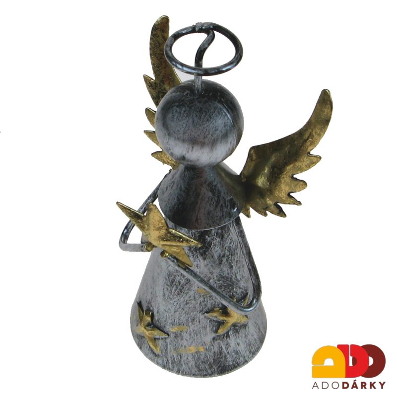 Kovový anděl stříbrný se zlatou hvězdou 13 cm