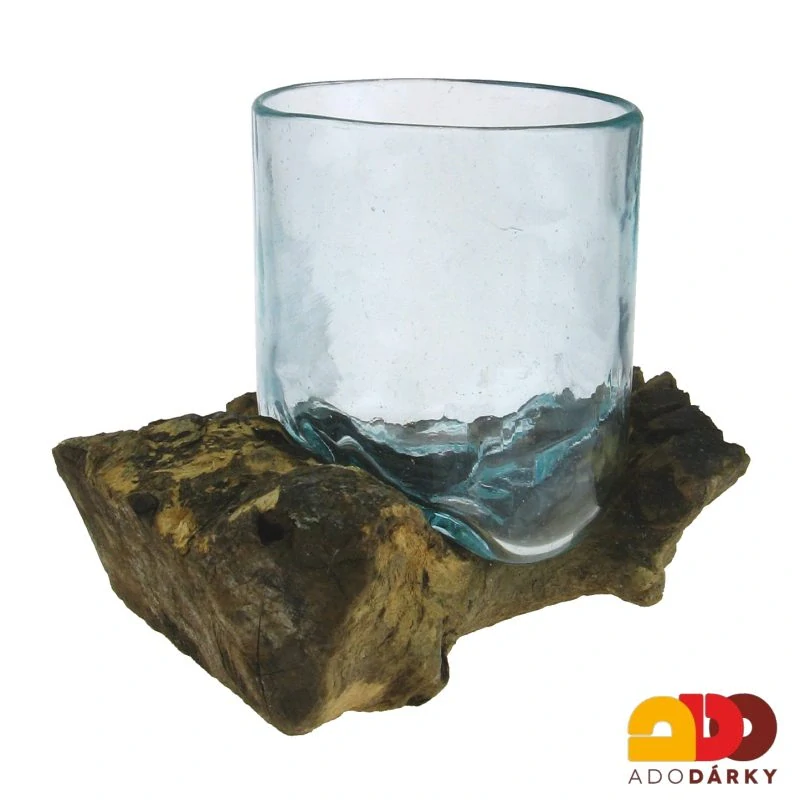 Skleněná váza v "dřevěném samorostu" 21 cm