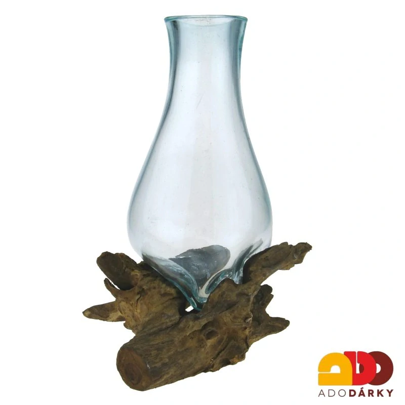 Skleněná váza v "dřevěném samorostu" 29 cm