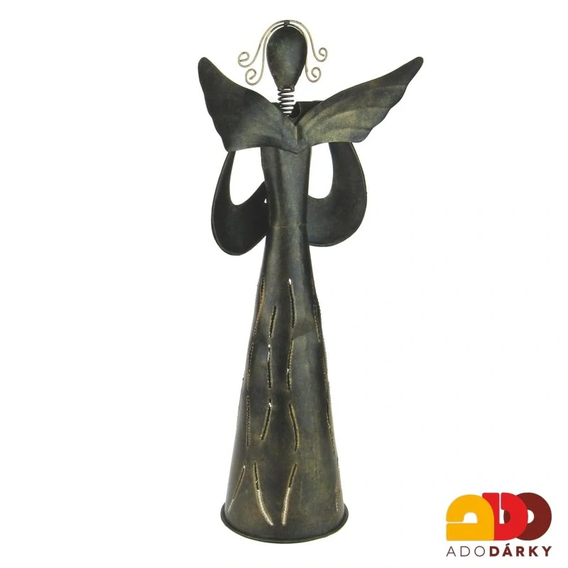 Kovový anděl s děrovanými šaty měděný 42,5 cm