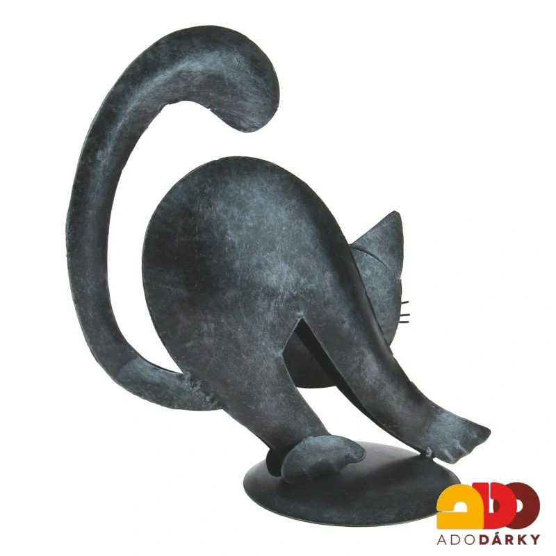Velká kočka přikrčená černá se stříbrnými fousky 26 cm