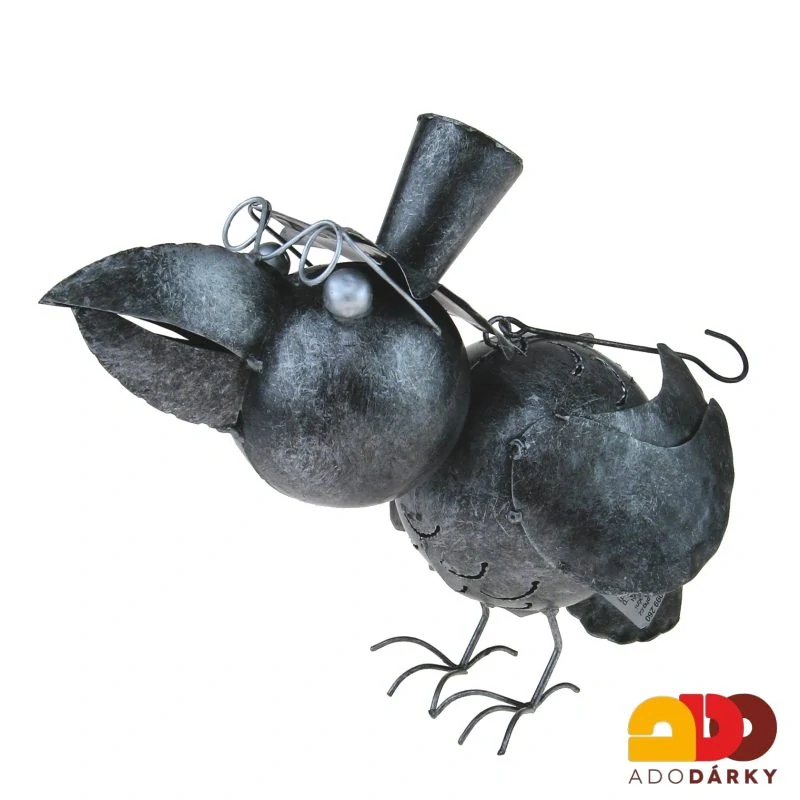 Kovový pták s brýlemi a kloboukem - svícen 27 cm