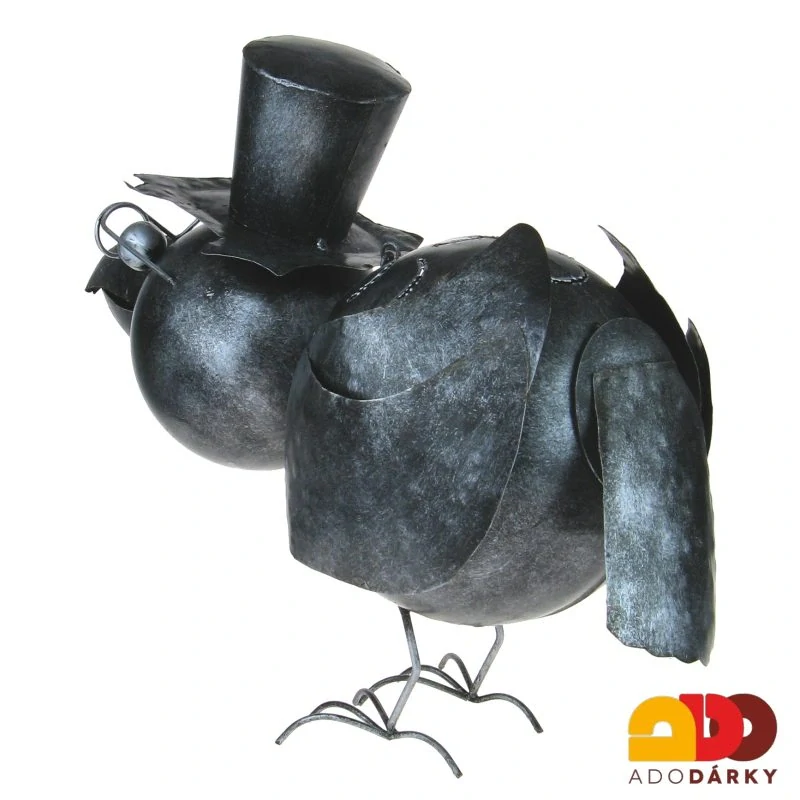 Kovový pták s brýlemi a kloboukem - svícen 48 cm