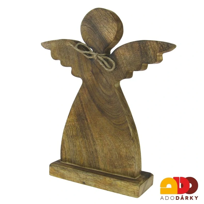 Dřevěný anděl se zlatým srdcem kolem krku 30,5 cm