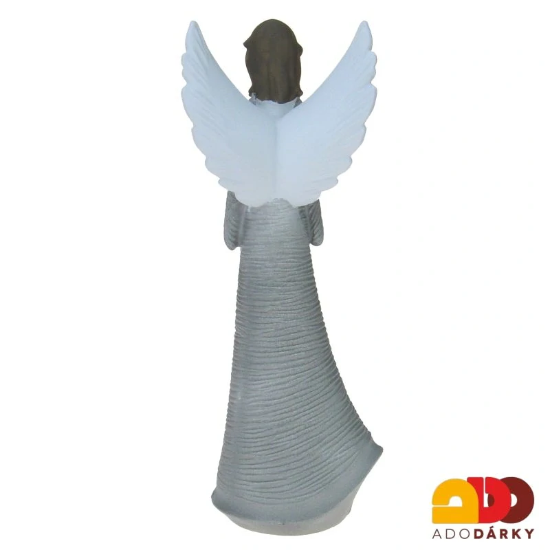 Anděl šedý se špičatými křídly s visícím srdcem 26 cm