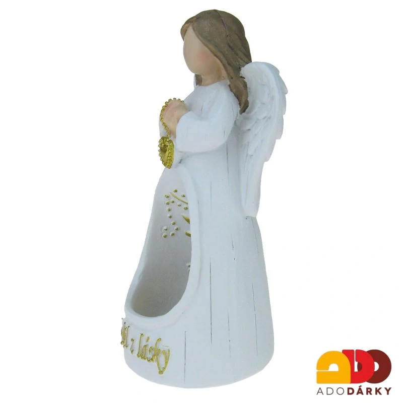 Svícen anděl "Anděl z lásky" se zlatým srdcem 13 cm