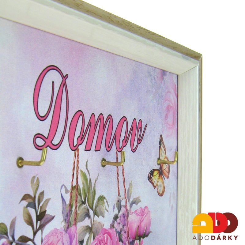 Obraz s věšáčky na klíče s pivoňkami a nápisem "Domov" 29,5 x 19,5 cm
