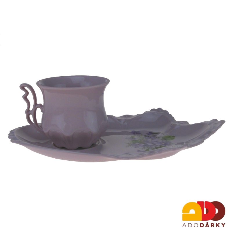 Snídaňová sada 2 hrnků s podšálkem růžový porcelán fialky 120 ml