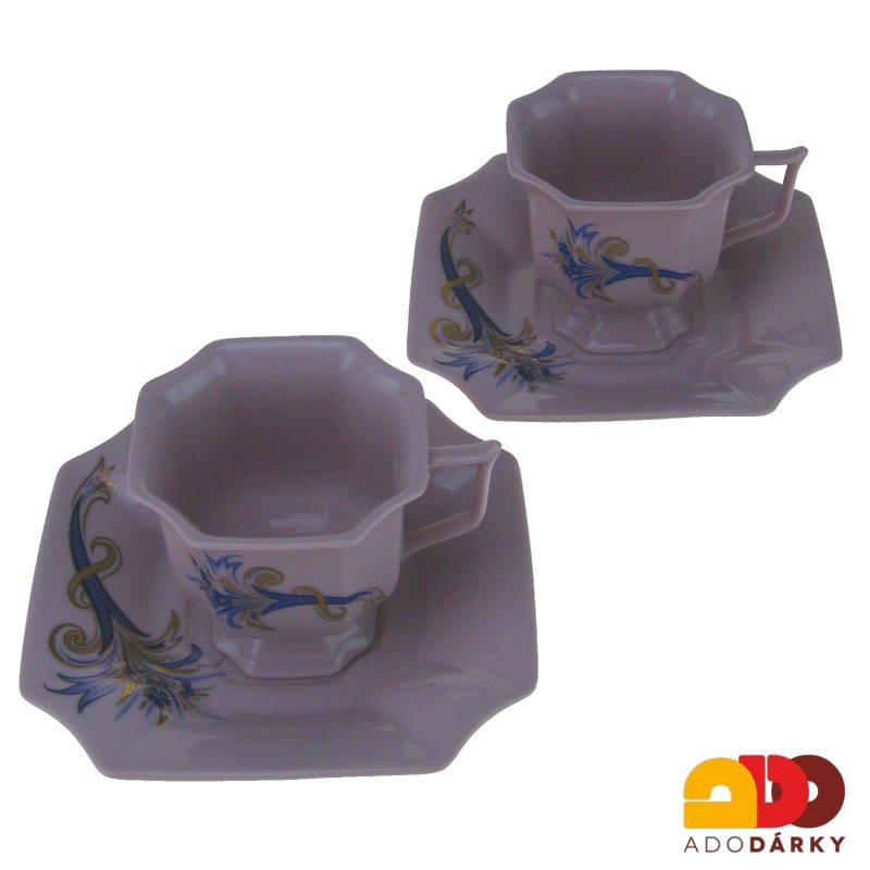 Sada kávových šálků s podšálky růžový porcelán modrý roh hojnosti 120 ml
