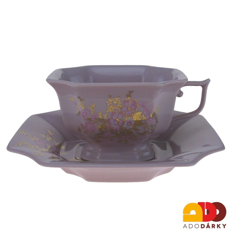 Sada čajových šálků s podšálky růžový porcelán - růžovozlaté květy 150 ml