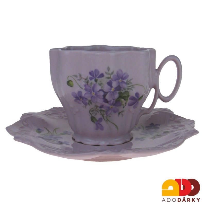 Sada šálků s podšálky růžový porcelán fialky 200 ml